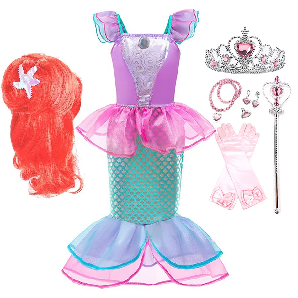 

Little Mermaid Cosplay Costume Girl Ariel Dress Up Mermaid Wig Summer Princess Dress Kids Halloween Carnival Party Fancy Clothes