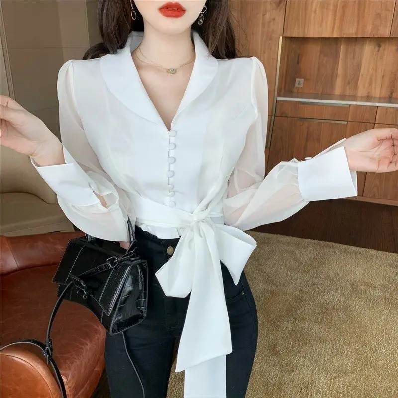 Shirts Women Solid Turn-down Collar Ins Abdomen Cropped Leisure Korean Style Fashionable Ladies Blouses Long Sleeve Stylish Chic