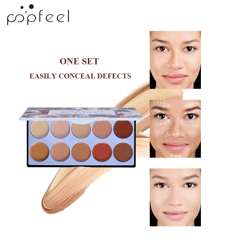 POPFEEL натуральный набор для макияжа 10 цветов Палетка теней+ Водонепроницаемый консилер для лица+ румяна стойкий эффект тени для век Пудра палитры