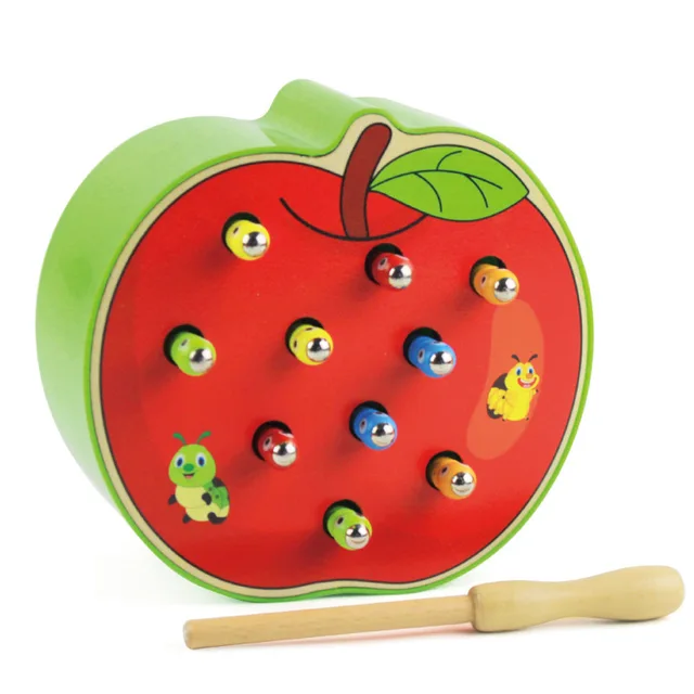 Hot Sale Baby Wooden Toys 3D Puzzle Early Childhood Educational Toys Catch Worm Game Color Cognitive Magnetic Strawberry Apple 3