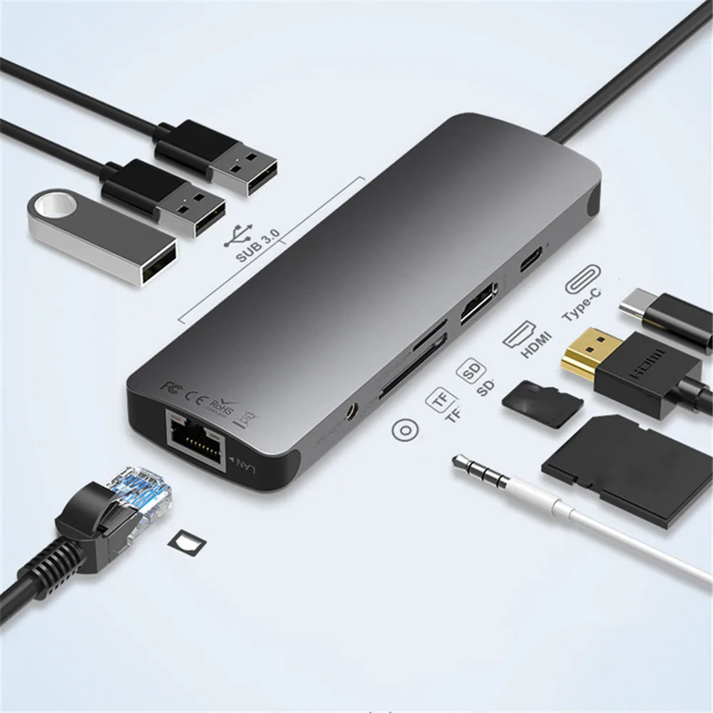

Multi-function 9-in-1 Type-C To USB HUB HDMI RJ45 Adapter TF SD USB3.0 PD 3.5mm Charging Docking Station for Macbook Expansion