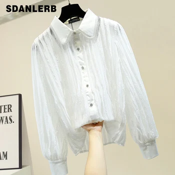 

Pleated Agaric Edge Bead Chain Tassel Shirt Women's Single Breasted Sweet Temperament Blouse Female Ladies Tops Shirts Femme