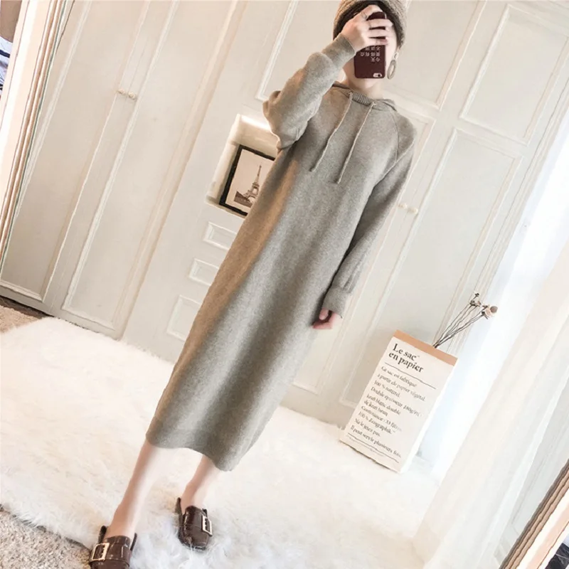 Women's autumn and winter knitted dress, long section, long sleeve hooded sweater, lazy wind, loose sweater dress, solid color
