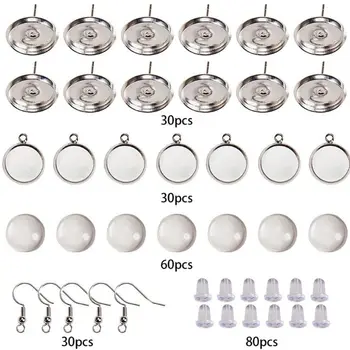 

230Pcs Earring Wire Hook Glass Cover Cabochon Setting Bezel Trays Jewelry Making DXAA