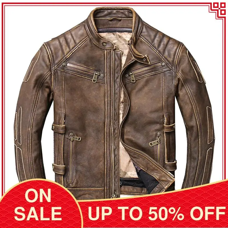 

2020 Vintage Brown Motorcycle Style Genuine Leather Jacket Men Plus Size 5XL Real Cowhide Winter Slim Fit Bikerâ€˜s Leather Coat