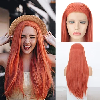 

RONGDUOYI Orange Silky Straight Synthetic Lace Front Wig for Women Girls Glueless Heat Resistant Hair Long Wig with Free Part