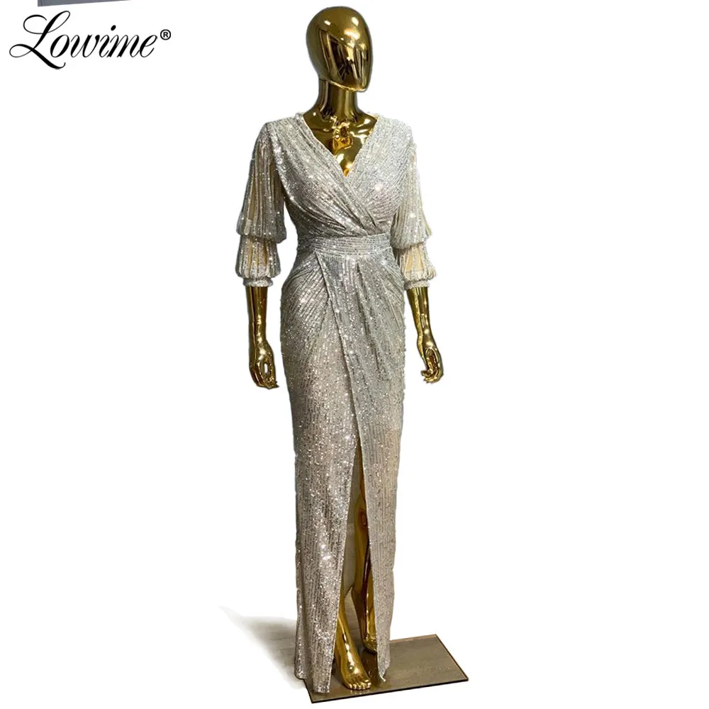 

2020 Custom Made Silver Sequins Saudi Arabic Evening Dresses Prom Gowns V Neck Elegant Special Occasion Formal Party Dress