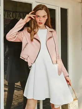 

Women Korean Pink Short Suede Jacket Female Zipper Belt Slim New Fashion Spring Autumn Elegant Coat OL Casual Winter Jackets