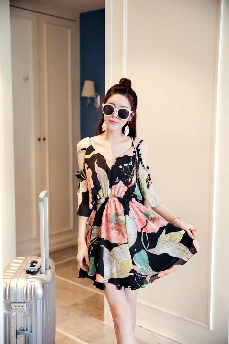 

Summer New Style off-Shoulder Skirt Short Sleeve Mid-length Printed Big Skirt Camisole Pullover Dress