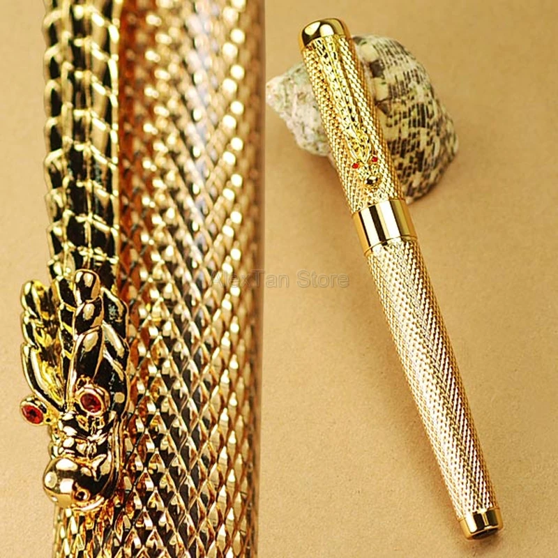 Jinhao 1200 Vintage Unique Fountain Pen Beautiful Ripple with Dragon Clip, Golden Metal Carving Ink Pens Gift Collection cantik unique dragon