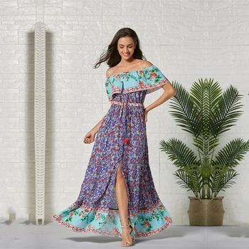 

Summer Floral Print Boho Dress Sexy Off Shoulder Ruffled Elegant Dress Elastic Lace Up Waist Party Dress Big Hem Beach Dress