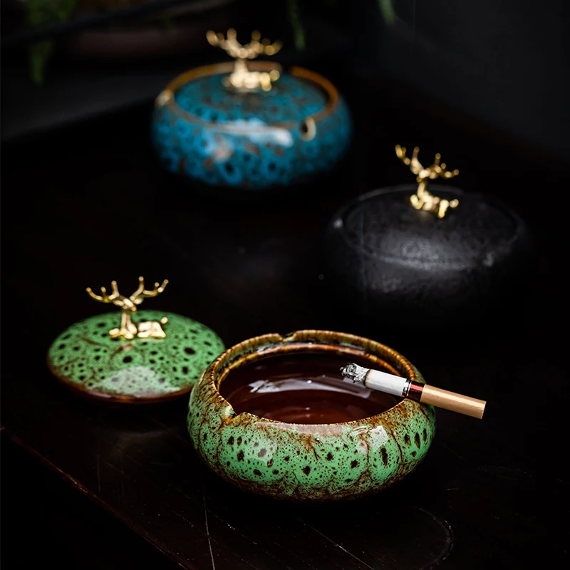 Round Ceramic Ashtray Living Room Anti Fly Ash with Lid Ashtray Cigar Ashtrays Home Decoration Accessories Send Boyfriend Gift for ceramic ashtray cigarettes ashtray