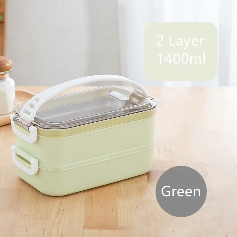 Портативный Ланч-бокс из нержавеющей стали 304, многослойные коробки для обедов бенто, набор посуды, микроволновая печь для взрослых, детский пищевой контейнер - Цвет: 2 Layer Green
