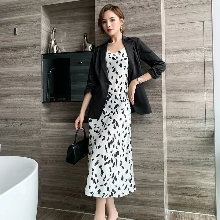 Dress Women Vintage Summer Simple Printing Strap Elegant All-match Clothing Lady Large Size M-4XL Sexy Thin Mid-calf Ins A-line shirt dress