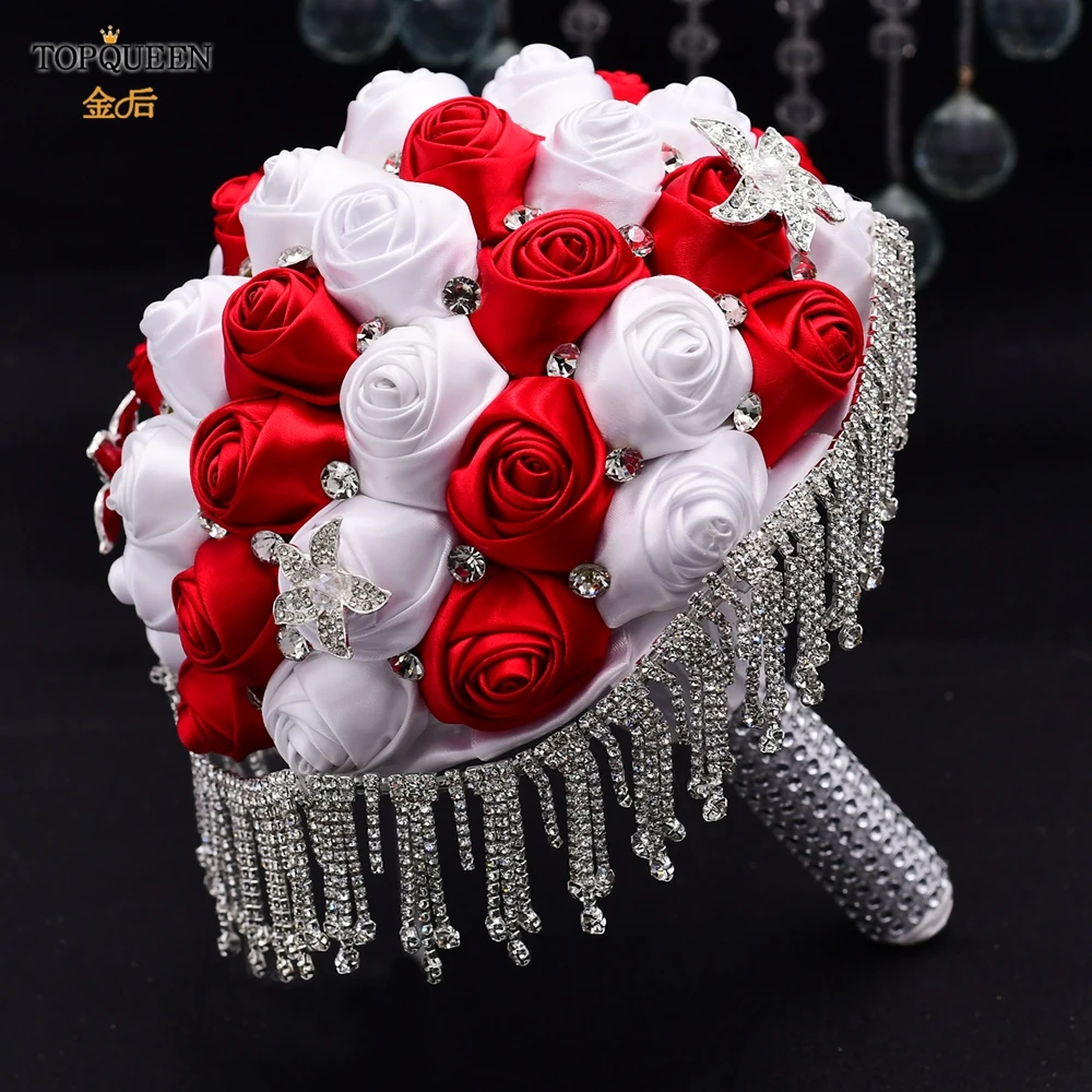 TOPQUEEN Bridal And Bridesmaid Bouquets Silk Roses Wedding Bouquets for Bridal Decoration Rhinestone Tassel Bouquet SF4-RBG