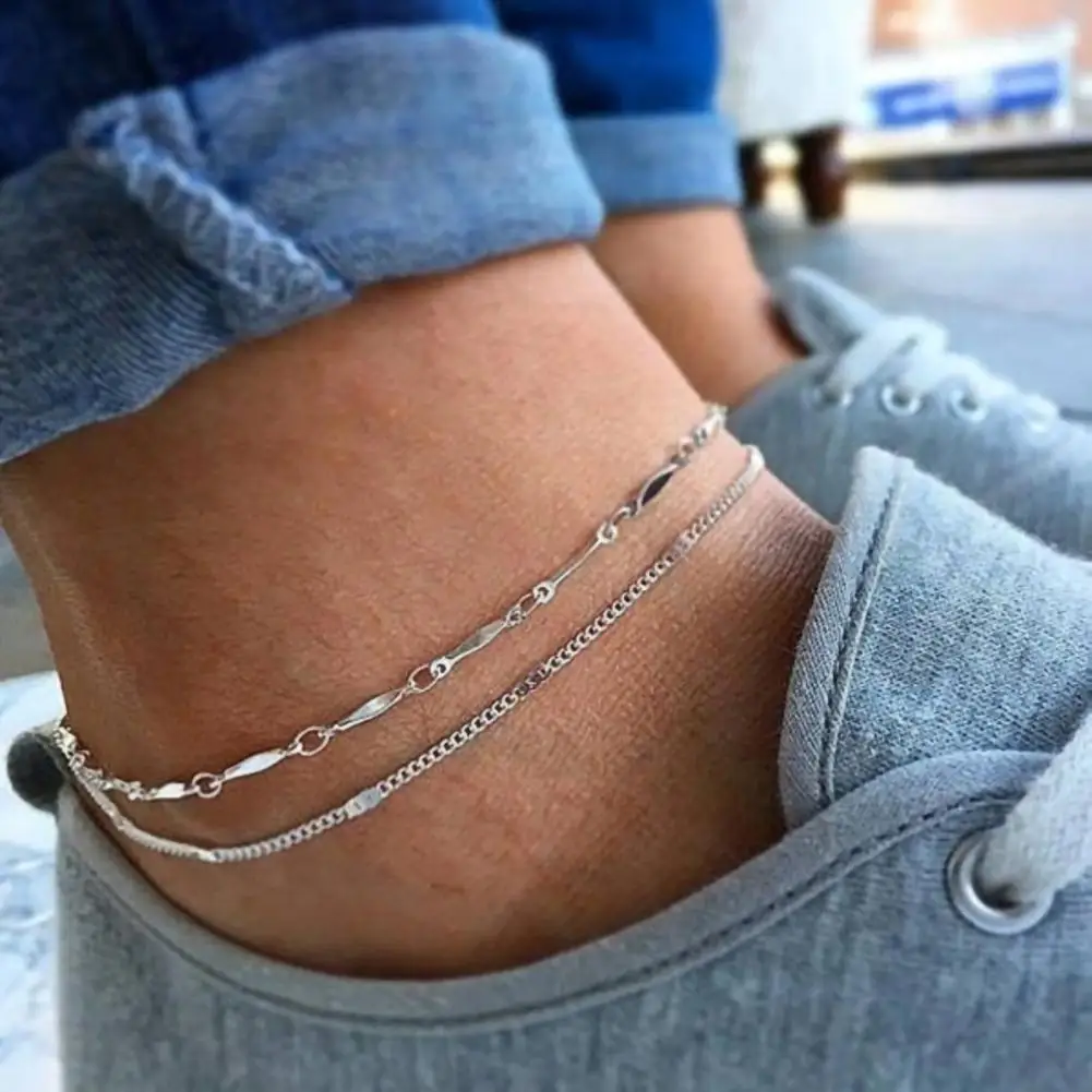 Silver Anklet Bracelet Beads Summer Beach Foot Jewelry 5Pcs/Set