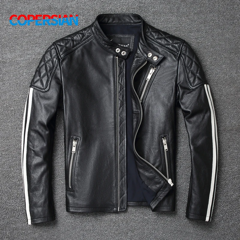 Men Leather Jacket 100% Genuine Cowhide Coat White Stripes Cool Biker Slim Short Autumn