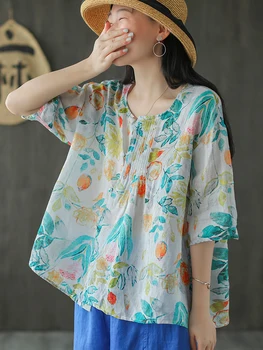 

ramie digital print tops Shirt New Retro loose O neck short sleeve tops women summer casual wear
