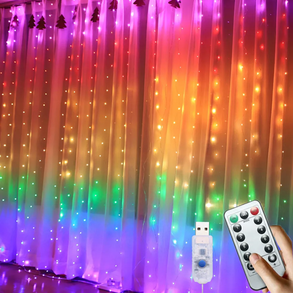 Colorful Rainbow Garland Curtain Lamp Blue Pink 3M LED String Fairy Light New Year Christmas Home Bedroom Window Decoration | Лампы и