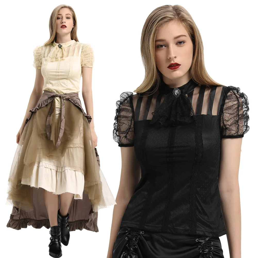 Водолазка femme blusa женская блузка с коротким рукавом из органзы стрейч сетчатый топ с пышными рукавами винтажный бежевый