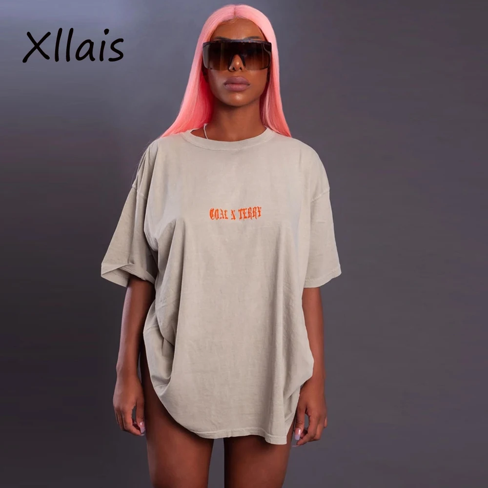 XLLAIS, хлопковая летняя длинная футболка, женские одноцветные футболки, женские повседневные свободные топы с круглым вырезом и коротким рукавом, топы с принтом букв, хип-хоп Футболка