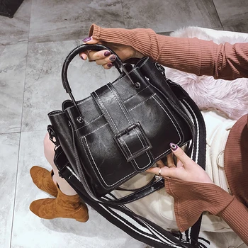 

Women Handbag Wide Shoulder Strap Hasp Shoulder Bag For Women 2019 PU Leather Messenger Bag Casual Tote Handbag bolsa feminina