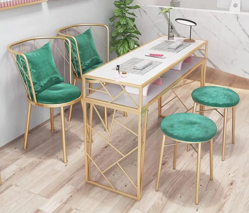 Table and chair set of Nordic manicure shop simple marble custom manicure table net red ins iron gold manicure table manicure table and chair set marble table top beauty single double manicure table simple modern iron table