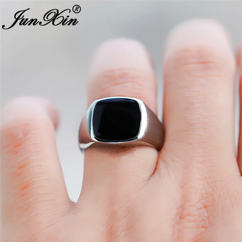 Vintage Mens Black Stone Geometric Rings For Men White Gold Yellow Gold Color Big Wedding Bands Male Engagement Party Jewelry