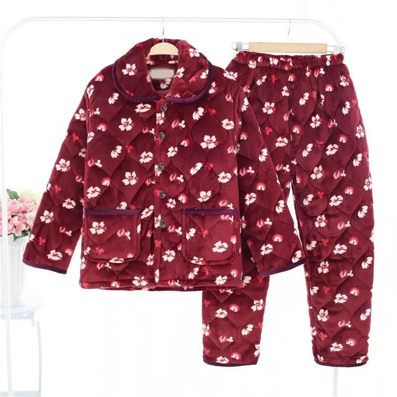 

2019 Winter Autumn Women Pajamas Set Turn-Down Collar Warm Thicken Coat Pant Set Flannel Loose Home Sleepwear 2 Piece Set