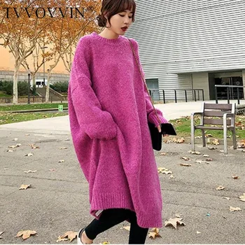

TVVOVVIN Women Sweater Dresses Knitted Long Loose Dress Thick Woolen Yarn Knitted Sweaters Dress Bottoming Autumn Winter B399