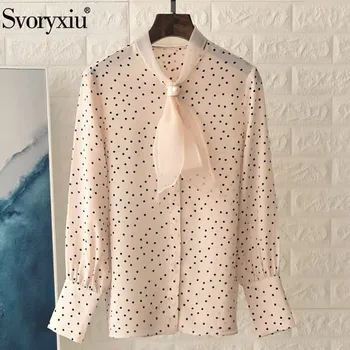 

Svoryxiu Designer Silk Polka Dot Print Blouse Shirts Women's Long Sleeve Pearls Bow Collar Elegant Office Lady Blouse