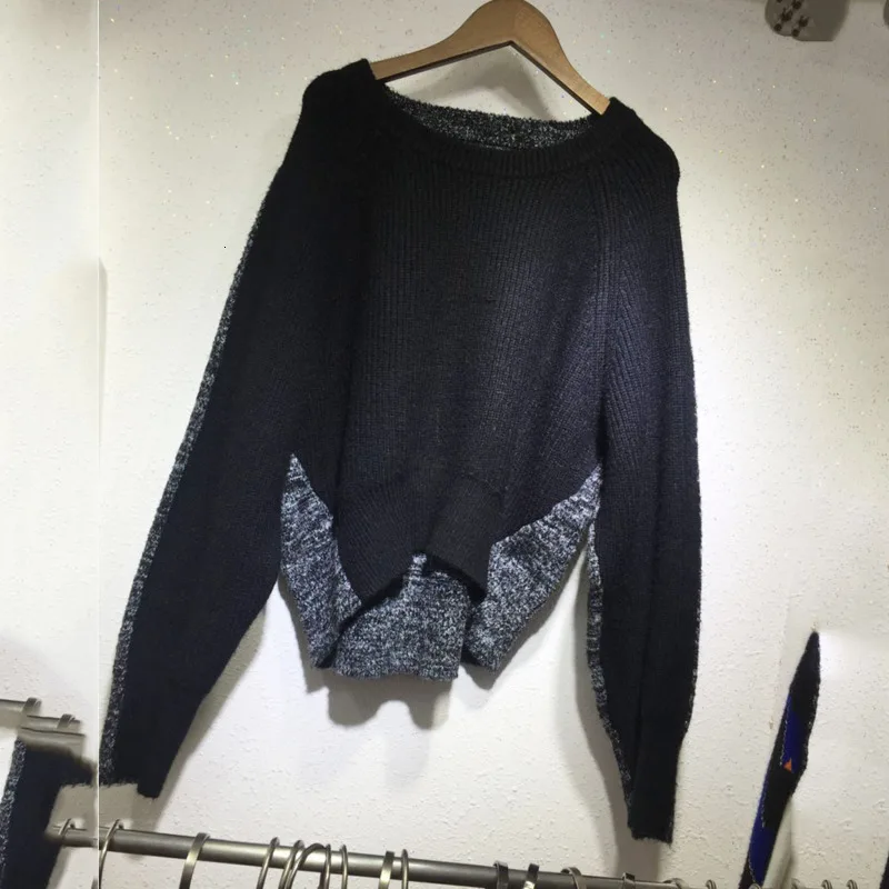 LANMREM 2022 Autumn And Winter New Fashion Front And Back Color Mosaic Sweater Women Short Round Neck Sweater 19B-a412
