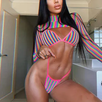 

SAGACE Swimwear Women 2020 Rainbow Stripes Gradient Print Triangle Bikini Long Sleeve Swimsuit Female Brazilian Bathing Suit