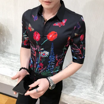 

Hawaiian Shirt Men Butterfly Print Middle Sleeve Slim Floral Shirts Male Fashion Casual Wild Tops Spring New White Black