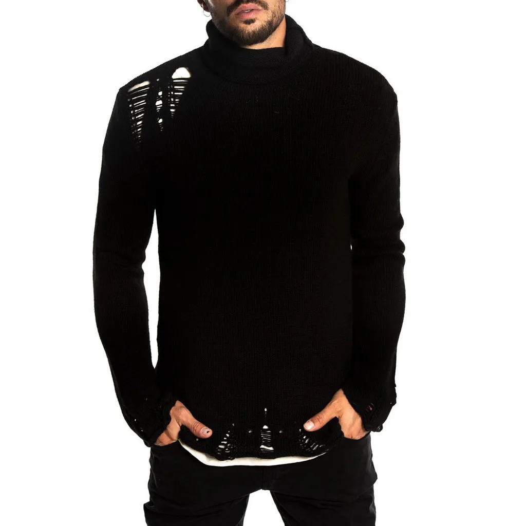Свитер мужской осень зима водолазка пуловер вязаный реглан чокер сломанное отверстие свитер блузка Топ Z4 - Цвет: Black