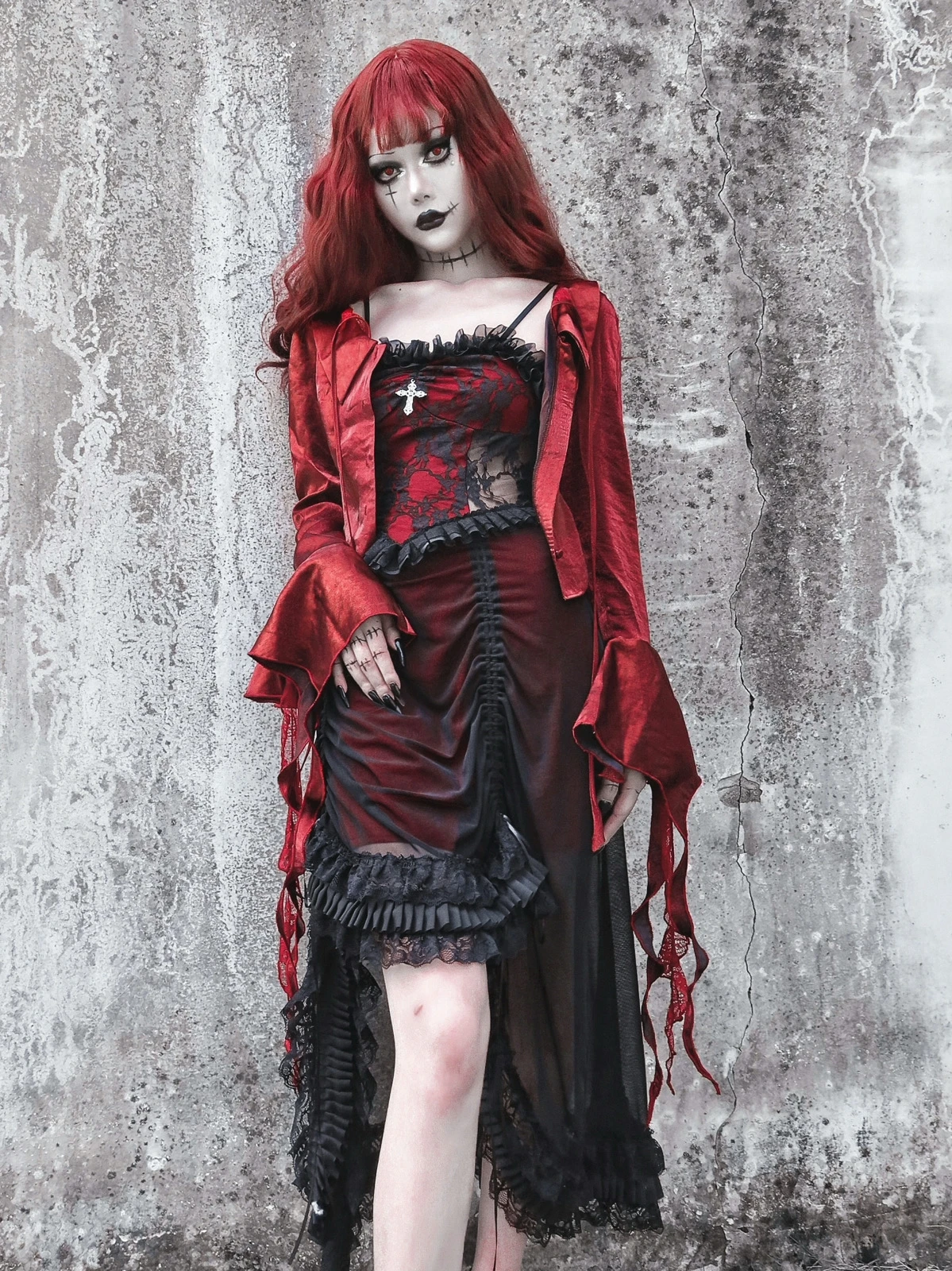 Vestido gótico de encaje negro y rojo con cordón, vestido asimétrico con  tirantes finos, manga con mosca, vestido de fiesta de Cosplay de Halloween  - AliExpress, image size:1199x1600
