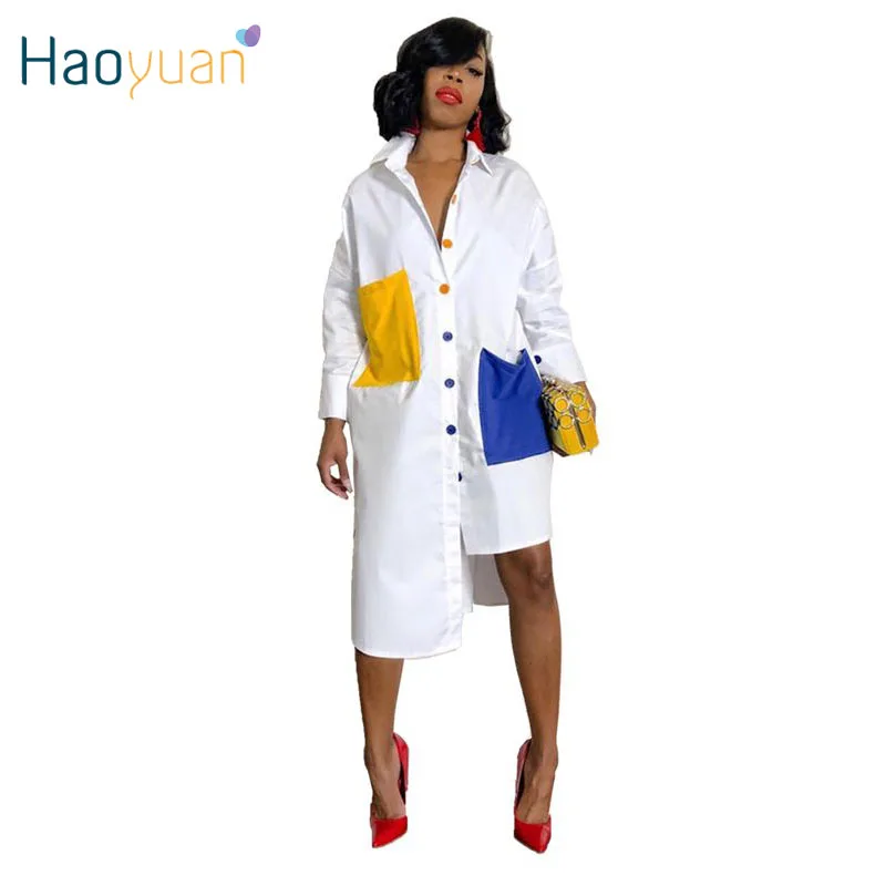 

HAOYUAN Contrast Color Patchwork Dress Long Sleeve Button Asymmetrical Shirts Dresses Women Fall Streetwear Fashion Work Clothes