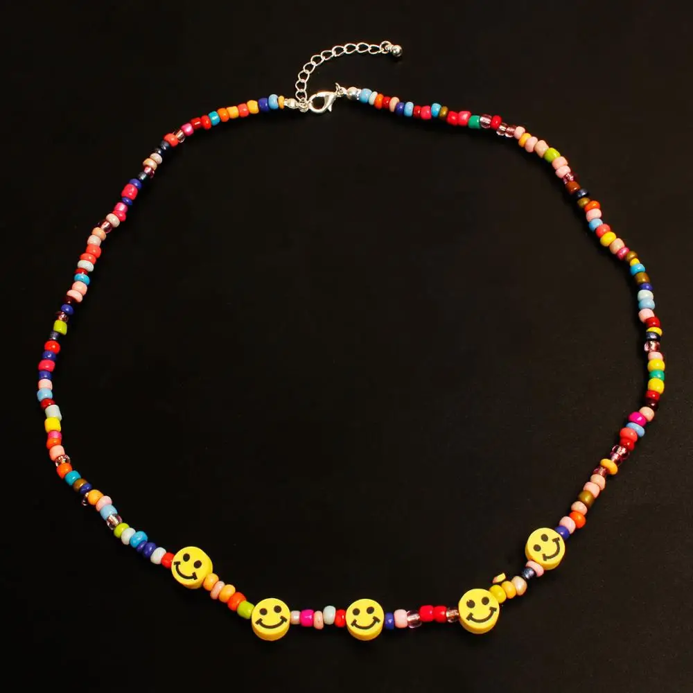 

New Creative Summer Rainbow Color Smile Face Necklace Cute Fashion Colorful Beads Choker Jewelry for Women Friendship Girl Gifts