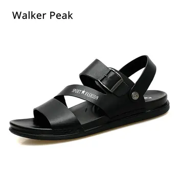 

Summer Men Sandals Genuine Leather Shoes Mens High Quality Business Leather Sandals Fashion Summer Beach Shoes Walker Peak Brand
