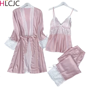 

Sexy Women's Robe & Gown Sets Lace Satin Bathrobe + Long Pants 3 Pieces Sleepwear Womens Sleep Set Faux Silk Robe Femme Lingerie
