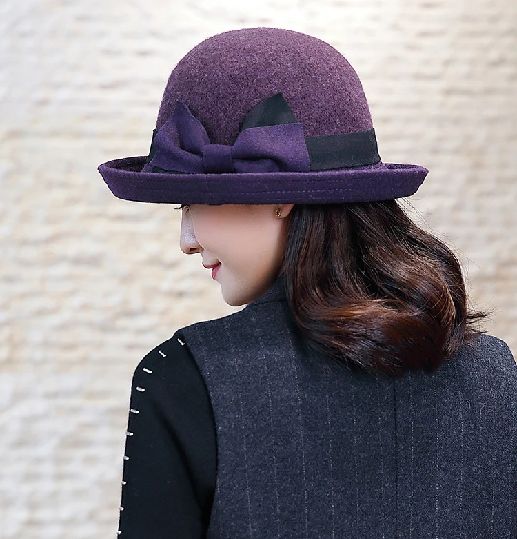 FS Fashion Gray Purple Women Wool Felt Bucket Hats Vintage Ladies Cloche Derby Bowler Cap with Bowknot Elegant Autumn Winter