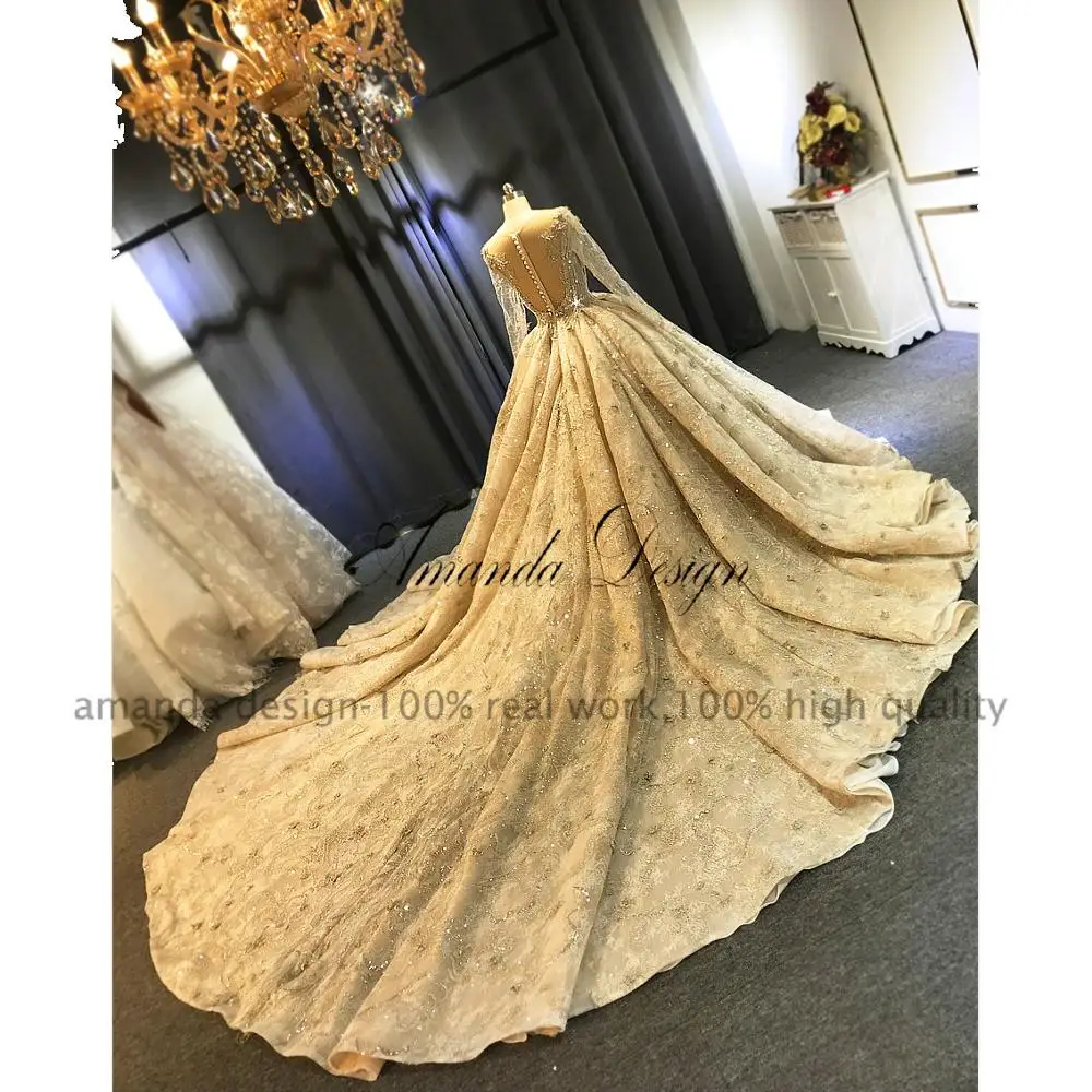 Аманда дизайн vestido de novia манга Ларга с длинным рукавом Кружева роскошные свадебное платье цвета шампань