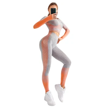 

Sports Hit Color Patchwork Women Yoga Suits Running Fitness Gym Lady 2Pcs Crew Neck Long Sleeve Female Crop Top and Leggings