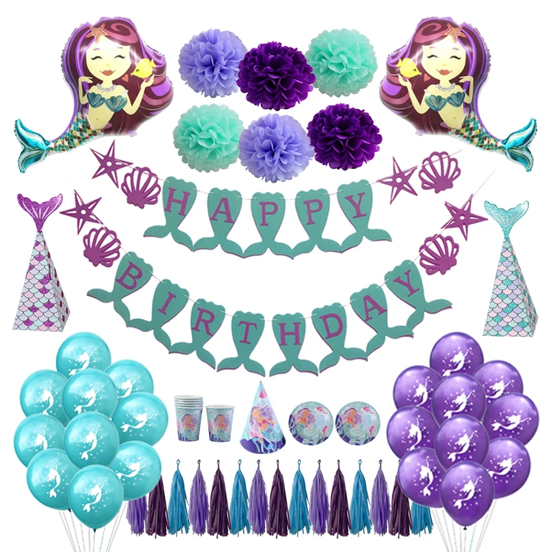 Вечерние принадлежности Русалочки, декоративный баннер с воздушным шаром, сувениры для вечеринки ко дню рождения, детские украшения для вечеринок на день рождения