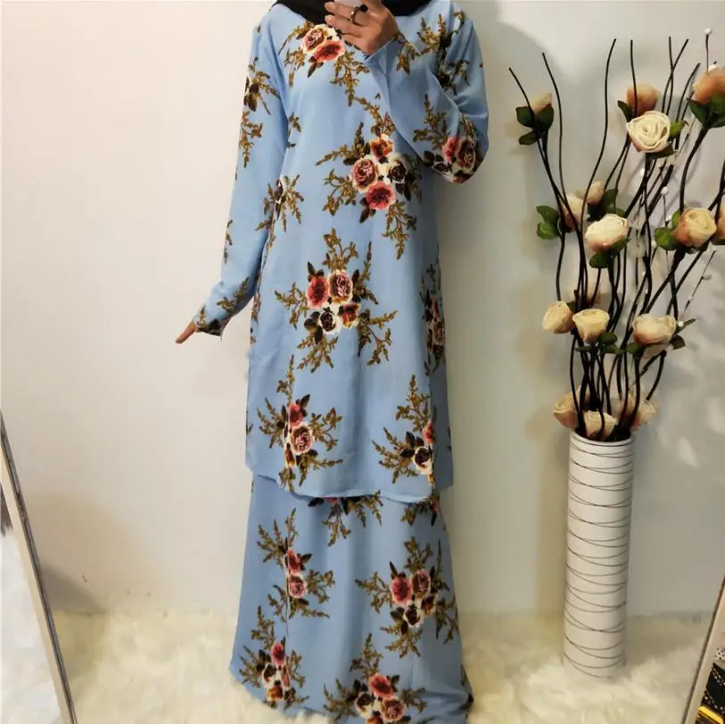 rlight blue Модные исламские длинные принтованные комплекты из двух предметов, женские топы с принтом арабского размера плюс+ мусульманские длинные юбки, две части, abaya wq1385 - Цвет: rlight blue