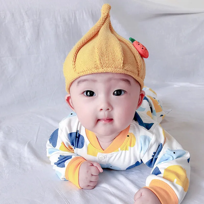Милая детская шапка; Новинка; сезон весна-От 1 до 2 лет-зима; теплая шапка для маленьких мальчиков и девочек с фруктовым узором; Вязаные Лыжные шапки; детская шапка с ушками