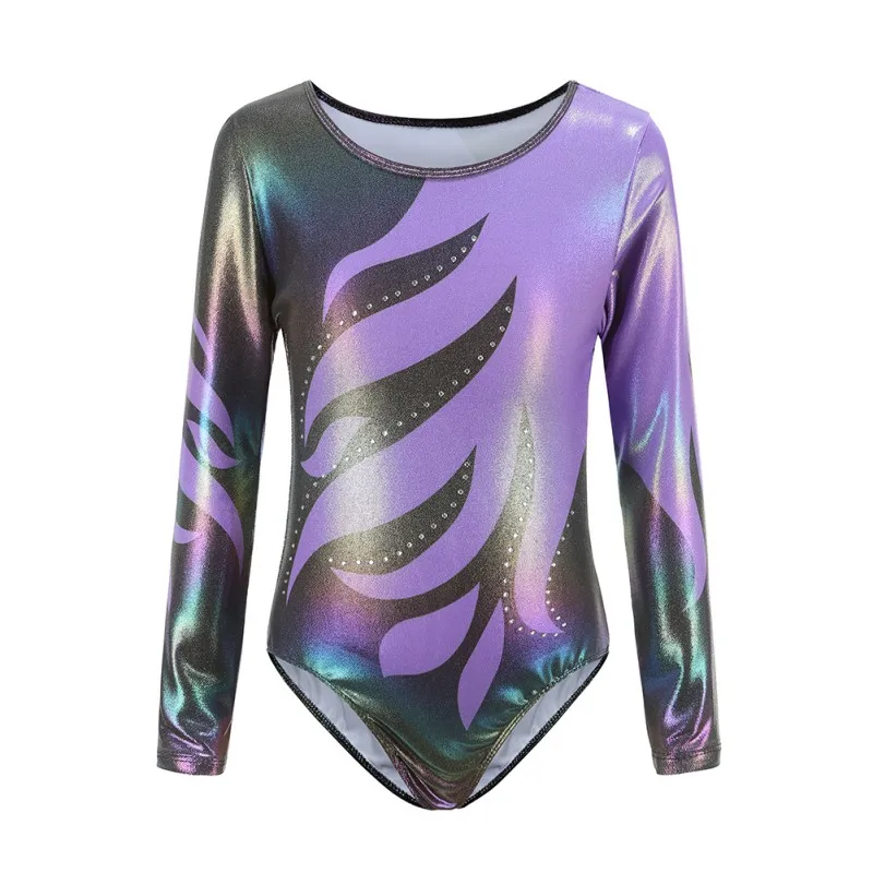 Children Girls Diamante Long Sleeve Ballet Practice Dance Body Suits