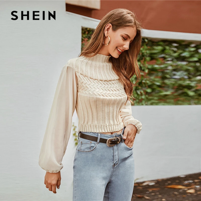 SHEIN бежевый смешанный вязаный кроп-свитер с воротником-стойкой, женский осенне-зимний сетчатый Одноцветный Повседневный шикарный свитер с рукавом Бишоп
