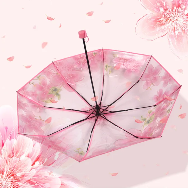 Sűrítse Át Az Átlátszó Háromszoros Cseresznyevirág Eső Esernyő Műanyag Pvc Clear Falbala Vízálló Esernyőket Parapluie - Image 3