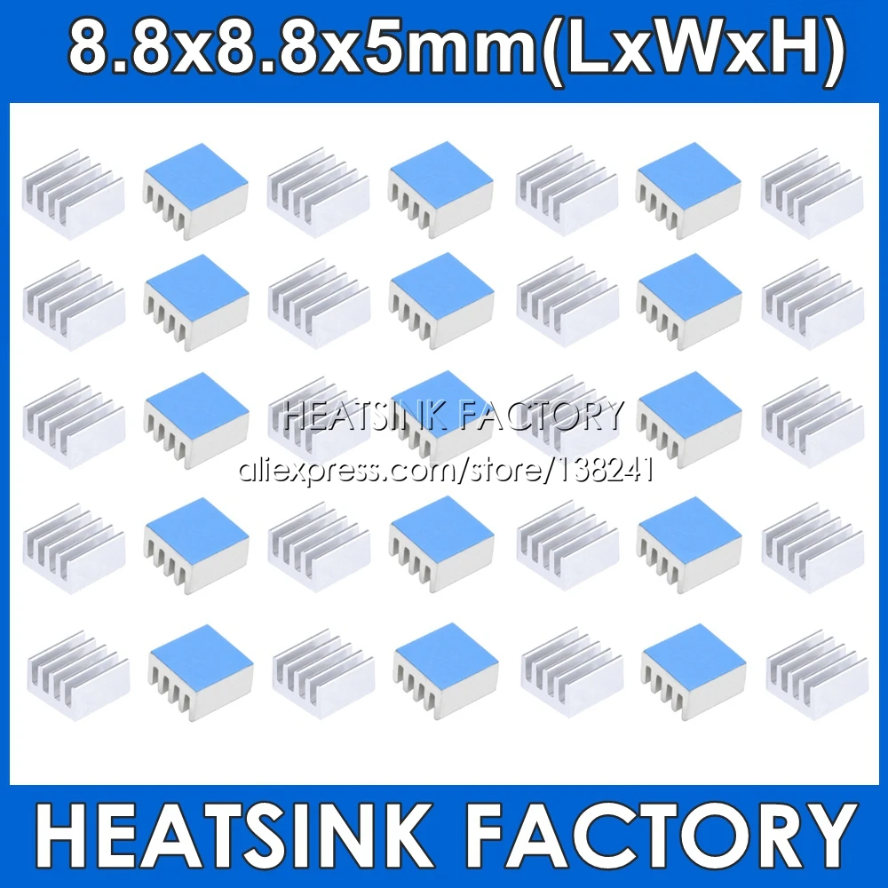 8.8x8.8x5mm Silver / Black / Blue Aluminum Cooling Heat Sink Cooler With Thermal Double Sided Pad Heat Dissipation Radiator